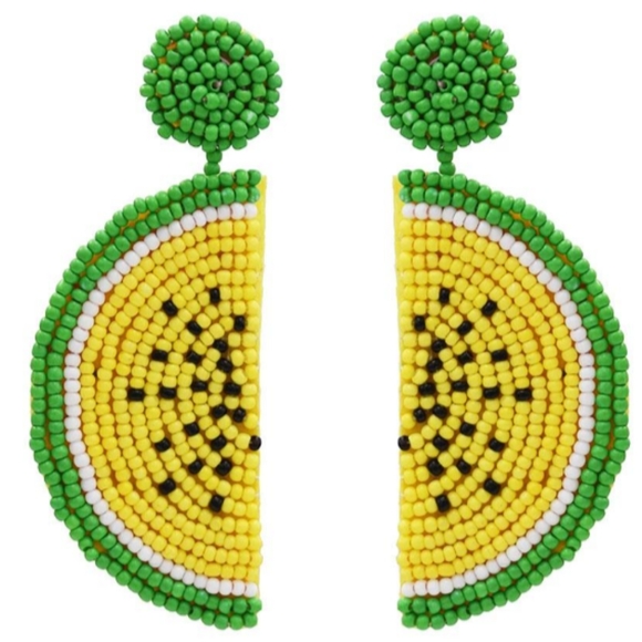 Big 3" Yellow Watermelon Fruit Slice Cute Handmade Festival Beads Earrings Green - Picture 2 of 5